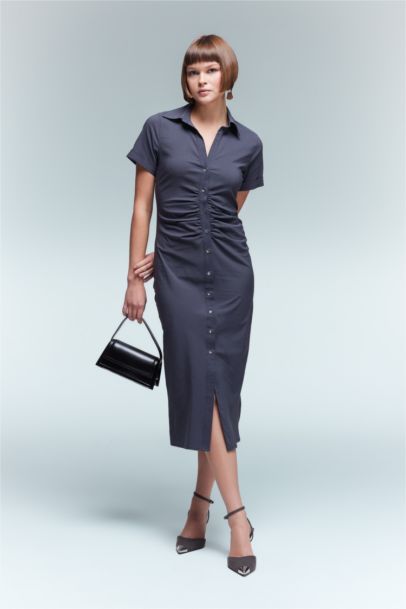 Shirt Collar Buttoned Half Sleeve Midi Dress