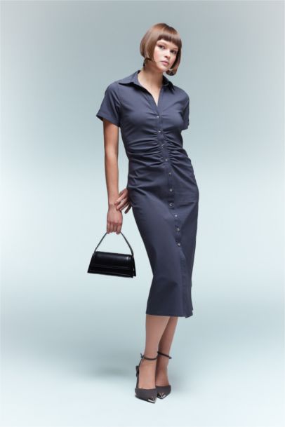 Shirt Collar Buttoned Half Sleeve Midi Dress