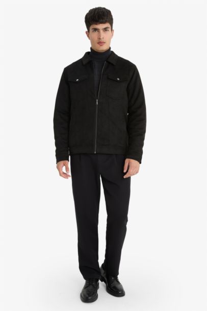 Slim Fit Dar Kesim Gömlek Yaka Fermuarlı İç Cepli Süet Mevsimlik Baharlık Ceket Mont