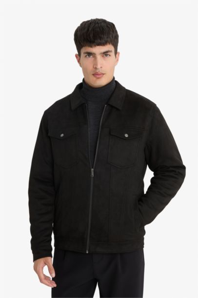 Slim Fit Dar Kesim Gömlek Yaka Fermuarlı İç Cepli Süet Mevsimlik Baharlık Ceket Mont