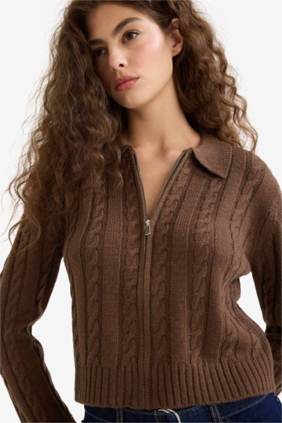 Regular Fit Polo Collar Zippered Knit Cardigan