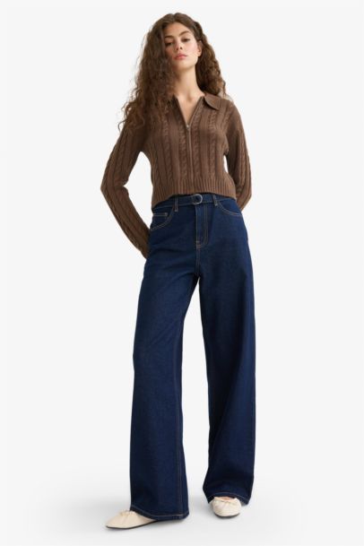 Regular Fit Polo Collar Zippered Knit Cardigan