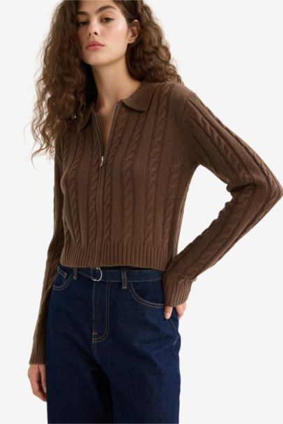 Regular Fit Polo Collar Zippered Knit Cardigan