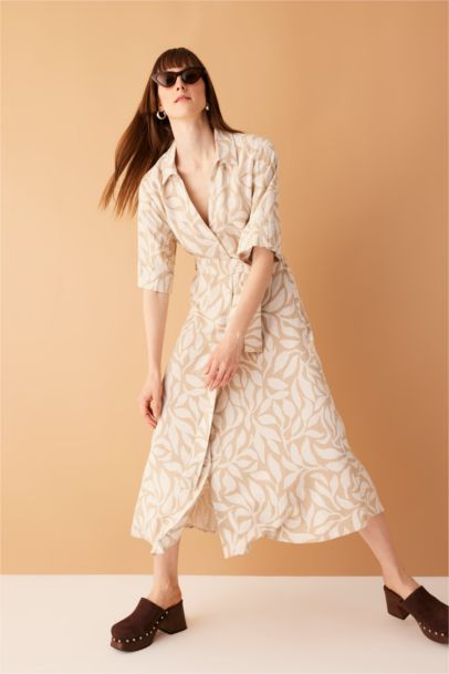 Shirt Collar Patterned Short Sleeve Linen Blend Midi Dress