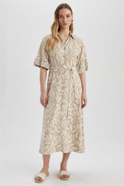 Shirt Collar Patterned Short Sleeve Linen Blend Midi Dress