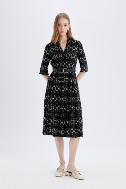 Shirt Collar Floral Half Sleeve Midi Dress