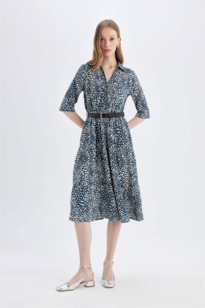Shirt Collar Floral Half Sleeve Midi Dress