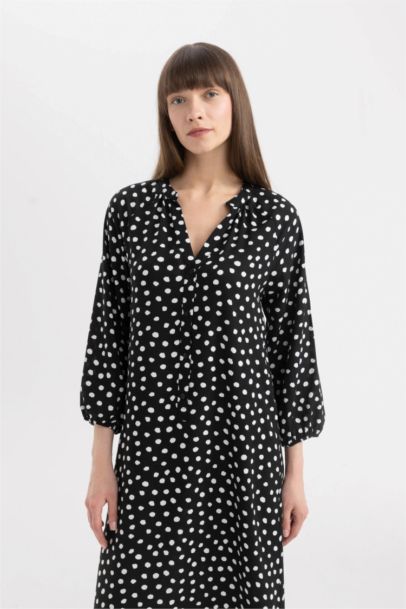Robe Midi imprimée à demi-Manches et Col Montant