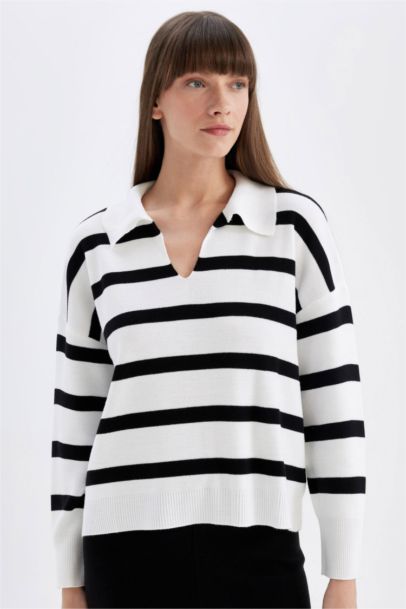 Relax Fit Polo Neck Striped Pullover
