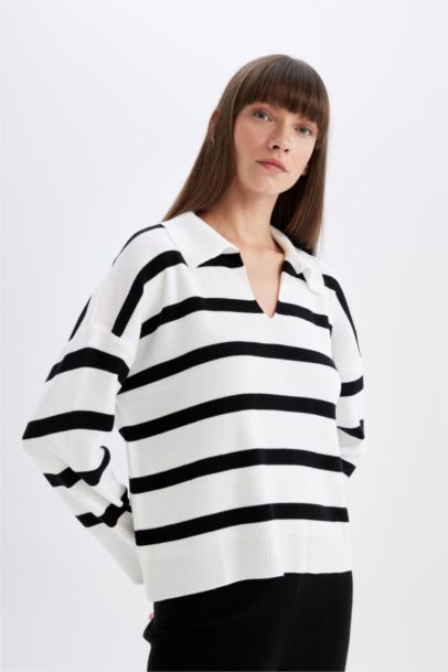 Relax Fit Polo Neck Striped Pullover