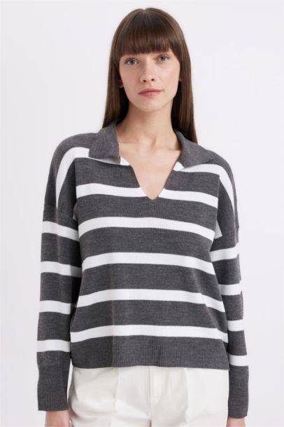 Relax Fit Polo Collar Striped Knitwear Pullover