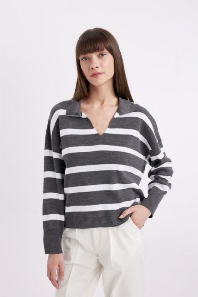 Relax Fit Polo Collar Striped Knitwear Pullover