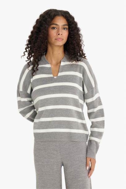 Relax Fit Polo Yaka Çizgili Triko Kazak