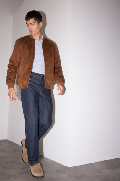 Slim Fit College Collar Zippered Suede Bomber Jacket