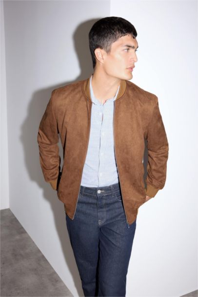 Slim Fit College Collar Zippered Suede Bomber Jacket