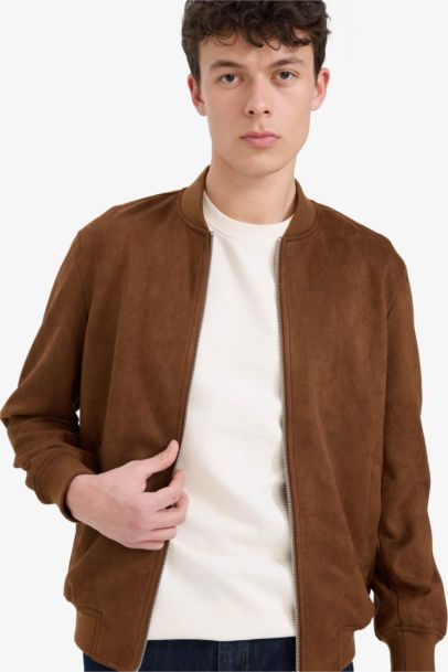 Slim Fit College Collar Zippered Suede Bomber Jacket