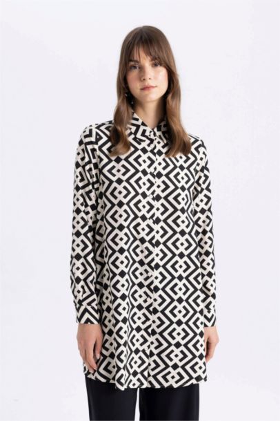 Regular Fit Shirt Collar Printed Long Sleeve Tunic