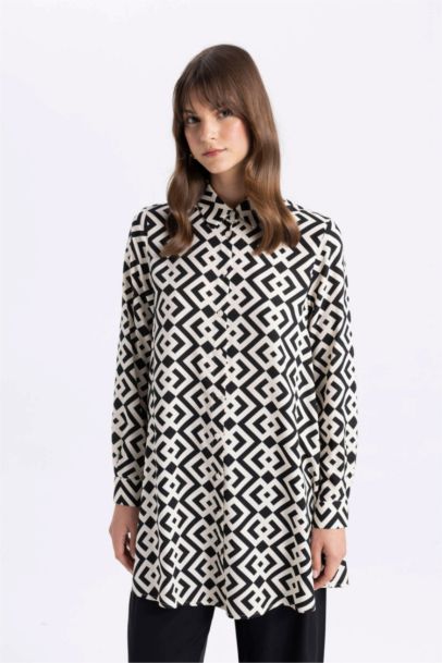 Regular Fit Shirt Collar Printed Long Sleeve Tunic