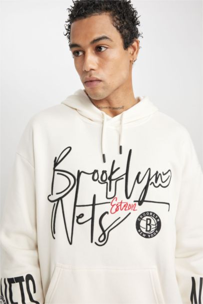 NBA Brooklyn Nets Oversize Geniş Kalıp Kapüşonlu Cepli Kalın Sweatshirt