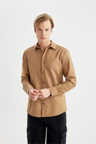 Slim Fit Polo Collar Cotton Long Sleeve Shirt