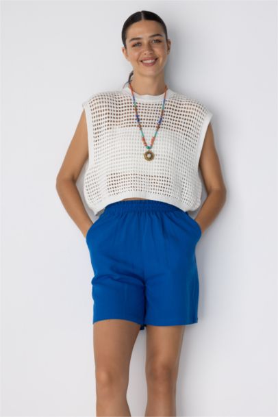 Paperbag Waist Wide Leg Linen Blended Shorts