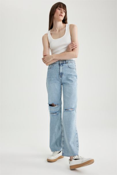 90 Wide Leg Ripped Detailed Long  Cotton Jeans