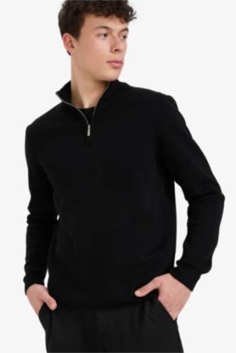 Pull en tricot basique à col montant demi-zip Coupe Standard