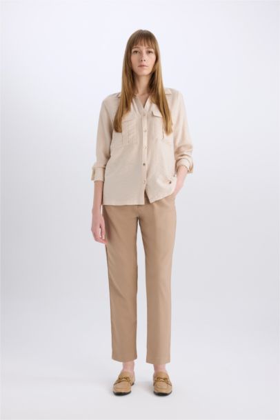 Slim Fit Dar Kesim Cepli Yüksek Bel Kısa Paça Basic Düz Kumaş Pantolon