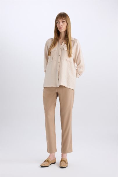 Slim Fit Dar Kesim Cepli Yüksek Bel Kısa Paça Basic Düz Kumaş Pantolon