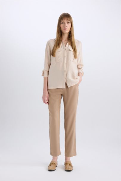 Slim Fit Dar Kesim Cepli Yüksek Bel Kısa Paça Basic Düz Kumaş Pantolon