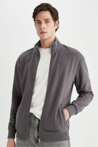 Comfort Regular Fit Rahat Kalıp Dik Yaka Cepli Basic Düz Fermuarlı Sweatshirt