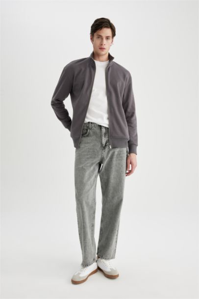 Comfort Regular Fit Rahat Kalıp Dik Yaka Cepli Basic Düz Fermuarlı Sweatshirt