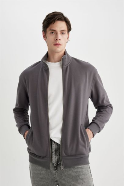 Comfort Regular Fit Rahat Kalıp Dik Yaka Cepli Basic Düz Fermuarlı Sweatshirt