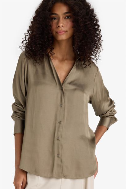 Regular Fit Shirt Collar Satin Long Sleeve Shirt