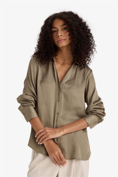 Regular Fit Shirt Collar Satin Long Sleeve Shirt