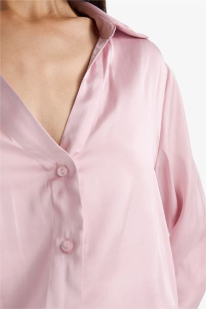 Regular Fit Shirt Collar Satin Long Sleeve Shirt