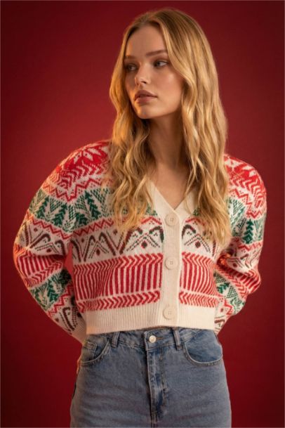 Christmas Themed V Neck Buttoned Knit Cardigan