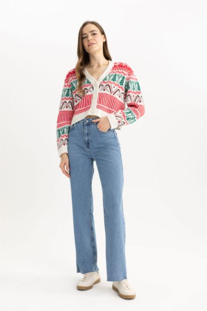 Christmas Themed V Neck Buttoned Knit Cardigan