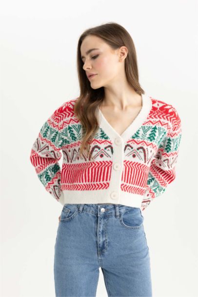 Christmas Themed V Neck Buttoned Knit Cardigan