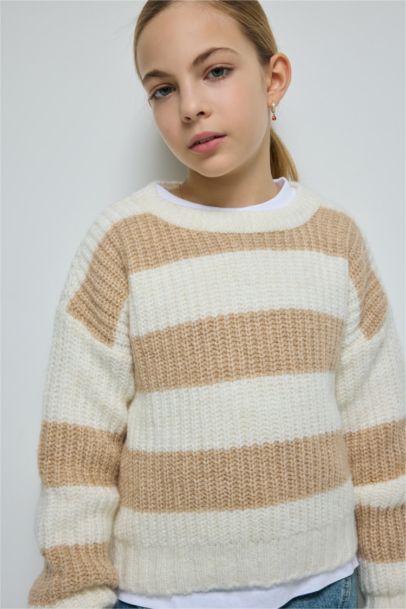 Girl Striped Regular Fit Crew Neck Knitted Pullover