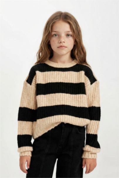 Girl Black Striped Regular Fit Knitwear Pullover