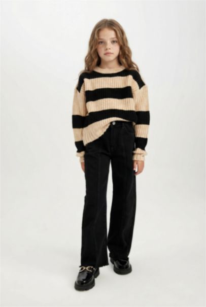 Girl Black Striped Regular Fit Knitwear Pullover