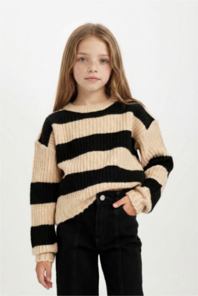 Girl Black Striped Regular Fit Knitwear Pullover