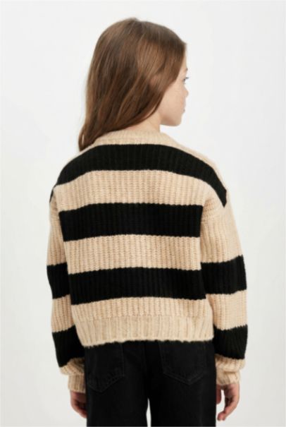 Girl Black Striped Regular Fit Knitwear Pullover