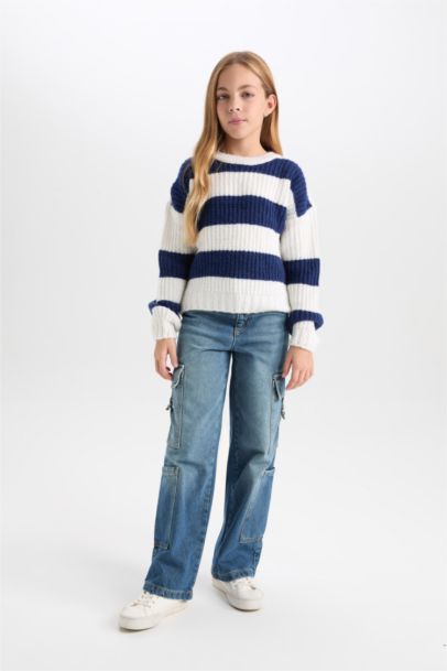 Girl Striped Crew Neck Knit Pullover