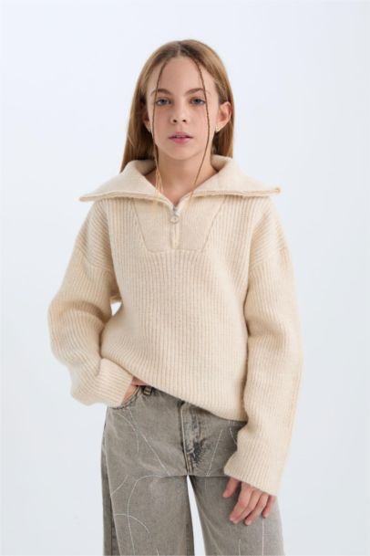 Pull en tricot à col montant zippé pour fille
