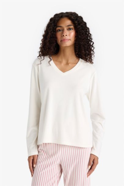 Pijama Takımı Regular Fit Uzun Kollu Velur Üst Çizgili Uzun Alt