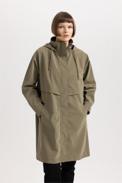 Su İtici Regular Kalıp Kapüşonlu Uzun Yağmurluk