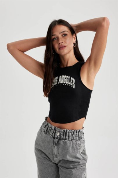 Fitted Printed Crew Neck Crop Singlet