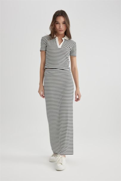 Fitted Corded Striped Camisole Maxi Skirt
